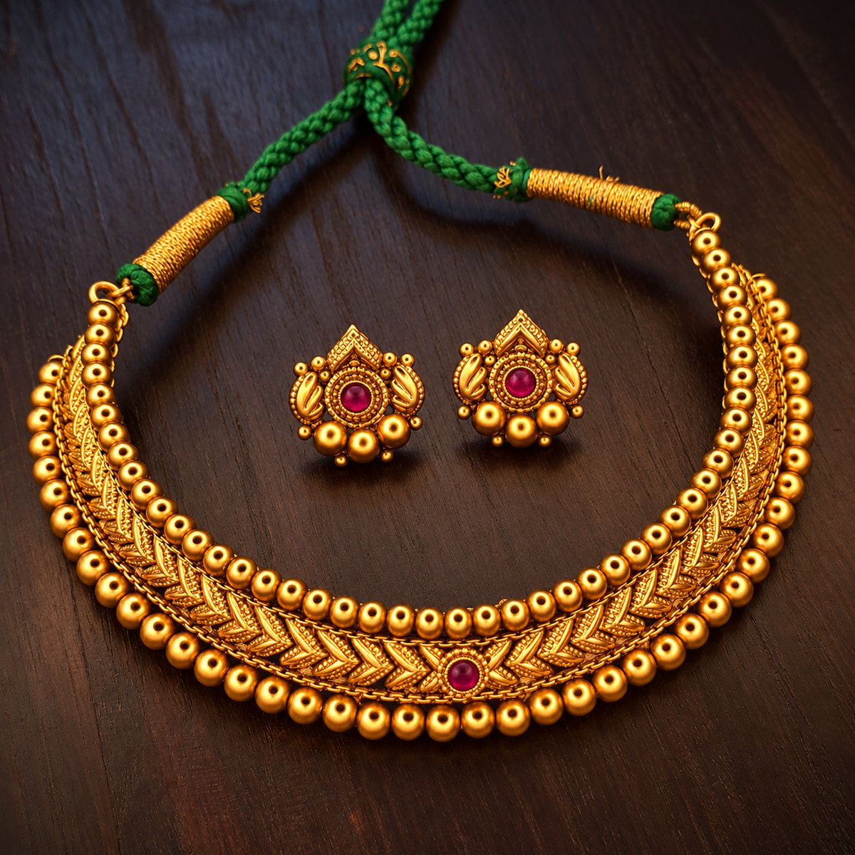 Hirkani thushi choker necklace set in antique gold plating with ruby stone earrings – Jija Jewellery