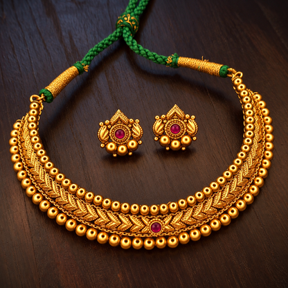 Hirkani thushi choker necklace set in antique gold plating with ruby stone earrings – Jija Jewellery