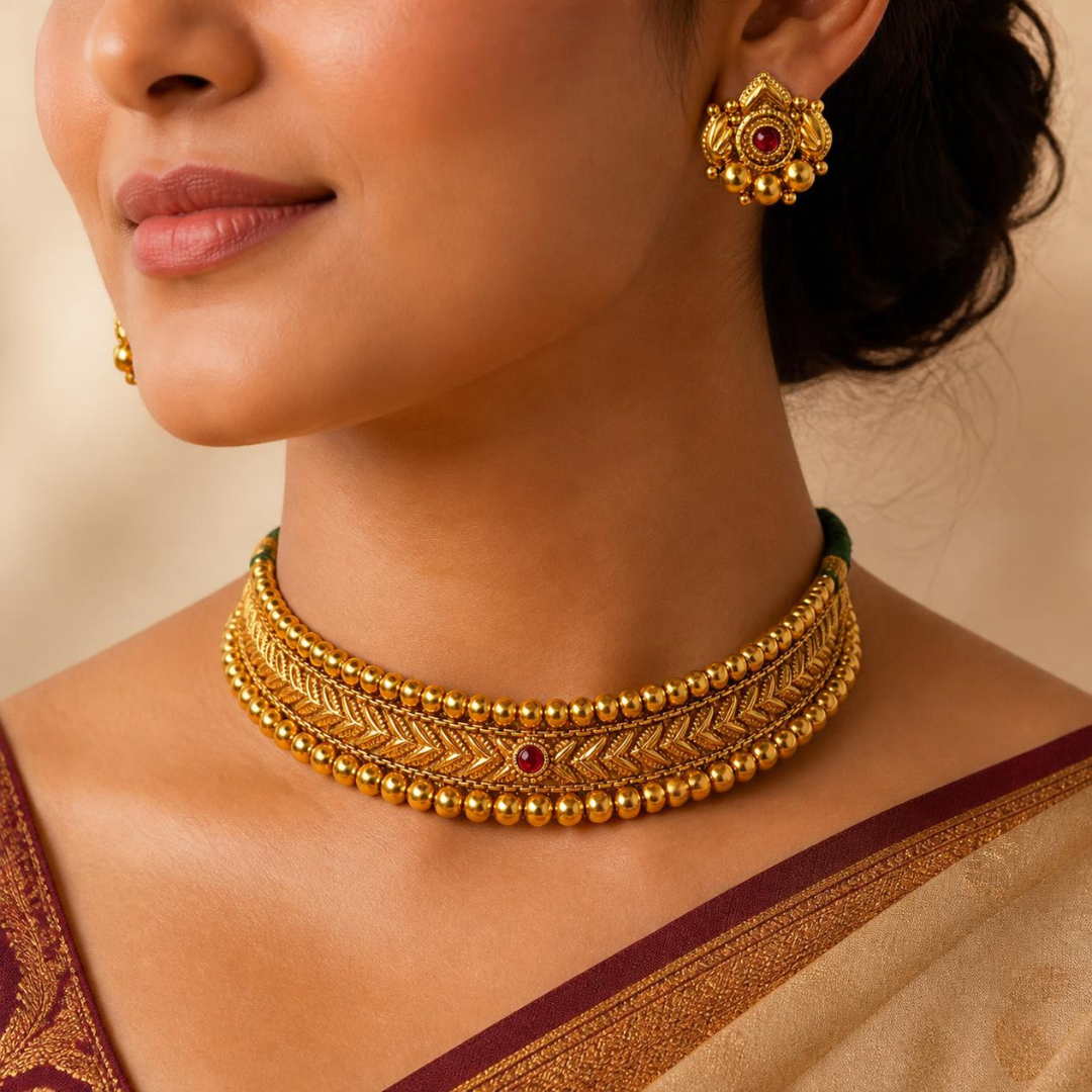 Woman wearing Hirkani thushi choker necklace and lotus earrings with saree – traditional Maharashtrian look