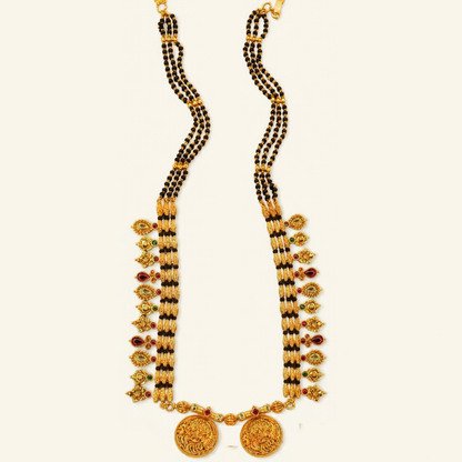 Kolhapuri saaj inspired long mangalsutra with double coin pendant and black beads – Jija Jewellery