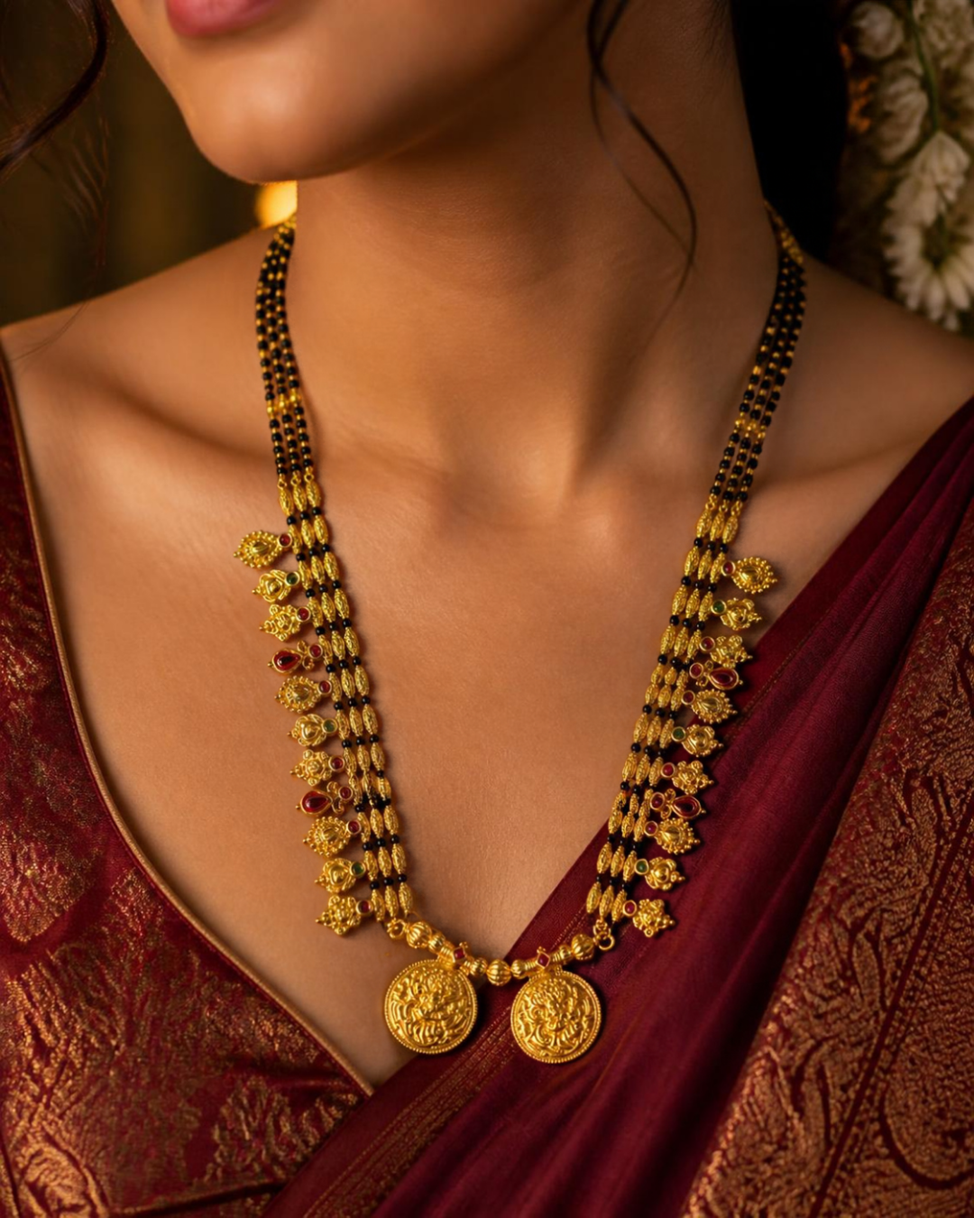 Woman wearing Kolhapuri saaj style long mangalsutra with maroon silk saree