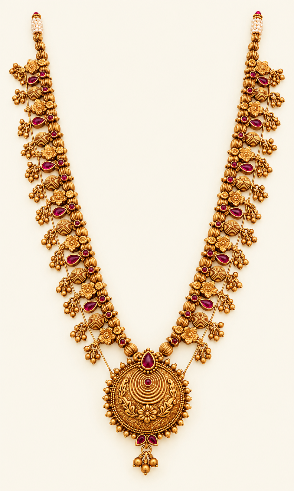 Kolhapuri Saaj style matte gold necklace with floral round pendant, red teardrop accents and dangling bead clusters