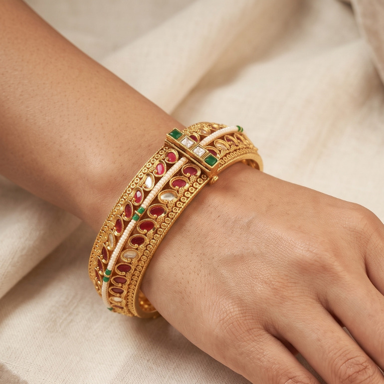 Kundan bangles design with gold stone studded work – anti-tarnish gold kundan kada