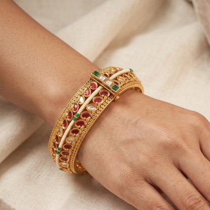 Kundan bangles design with gold stone studded work – anti-tarnish gold kundan kada