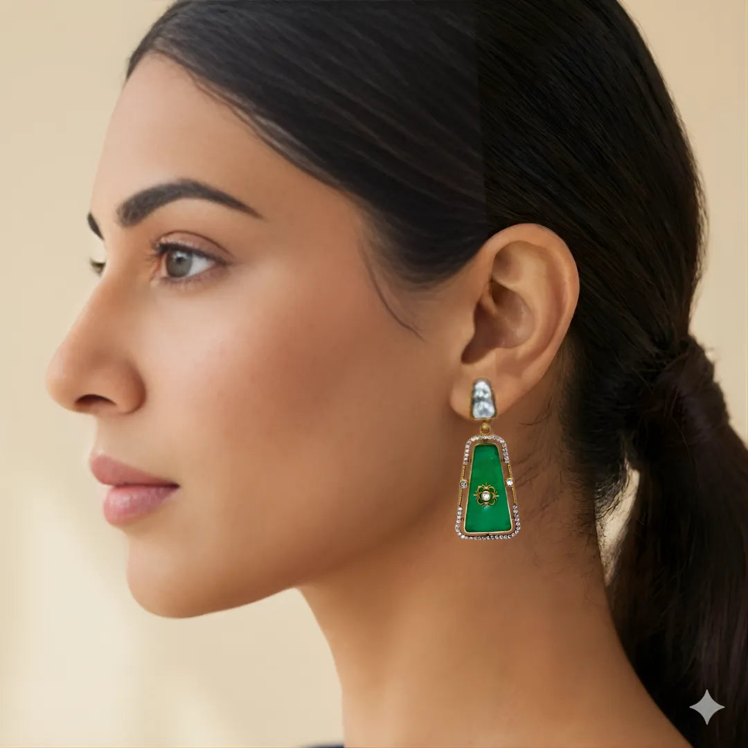 Kundan Emerald Spark Earrings Close-up – Hand-Set Kundan & Green CZ Stones | Handcrafted in Satara | Jija Jewellery
