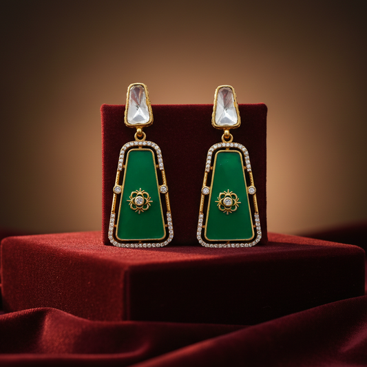Kundan Emerald Spark Stud Earrings – Gold Plated Brass with Kundan & Emerald CZ Stones | Jija Jewellery