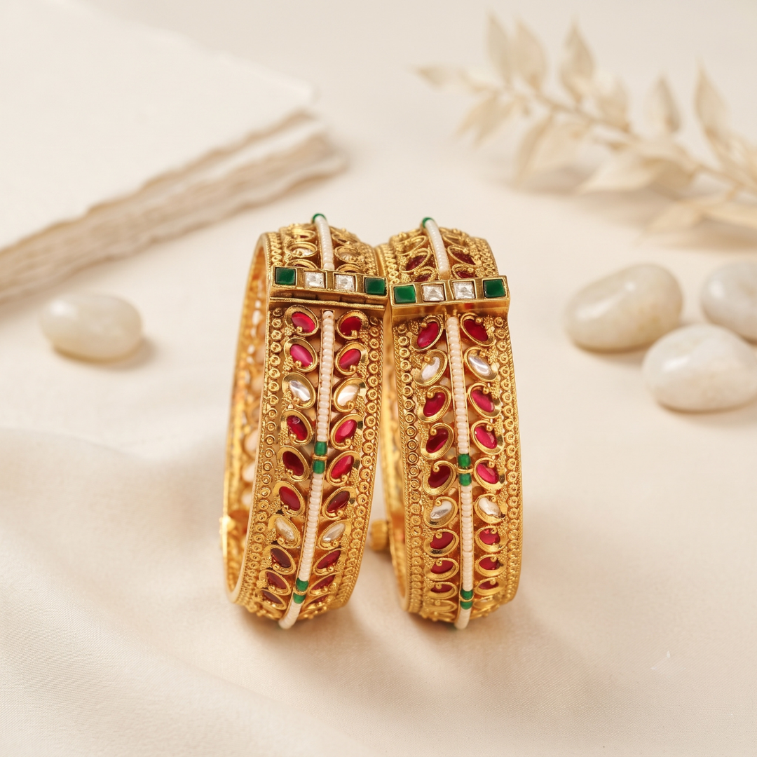 Kundan kada for women in 22KT gold plating with secure screw fitting – openable Kundan bangle