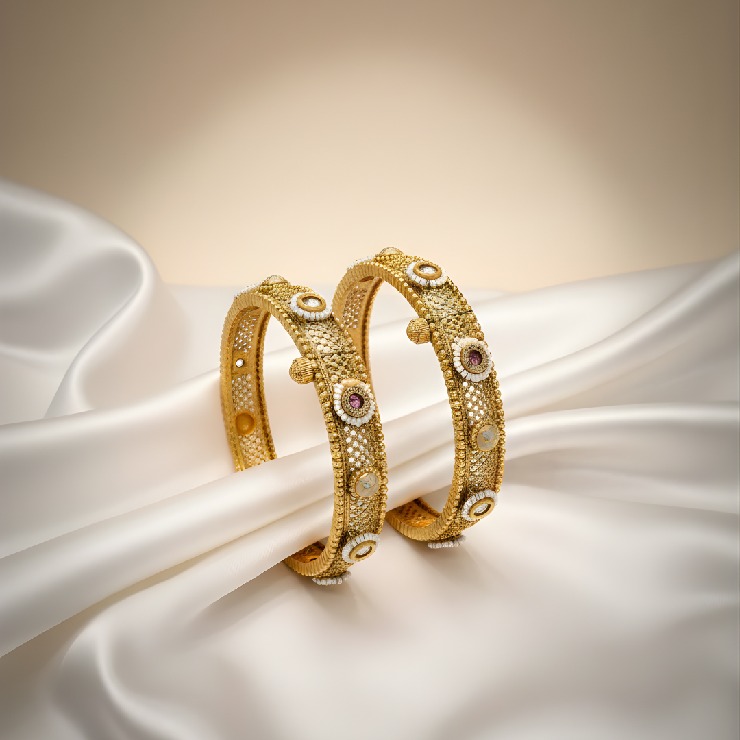 Miraya Kundan mesh gold plated bangles with Meena work – Jija Jewellery