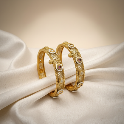 Kundan mesh gold plated bangles with Meena work on ivory satin