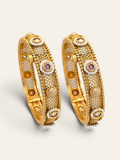 Jija Jewellery gold plated bangles with intricate mesh design, Meena work, and sparkling Kundan stones.