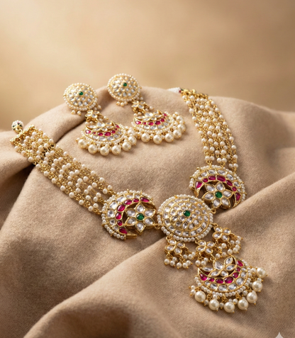Gold-plated Kundan stone statement necklace for wedding and lehenga
