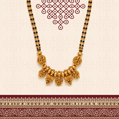 Lakshmi temple gold mangalsutra double strand black bead chain with hand-carved deity motif antique gold beads