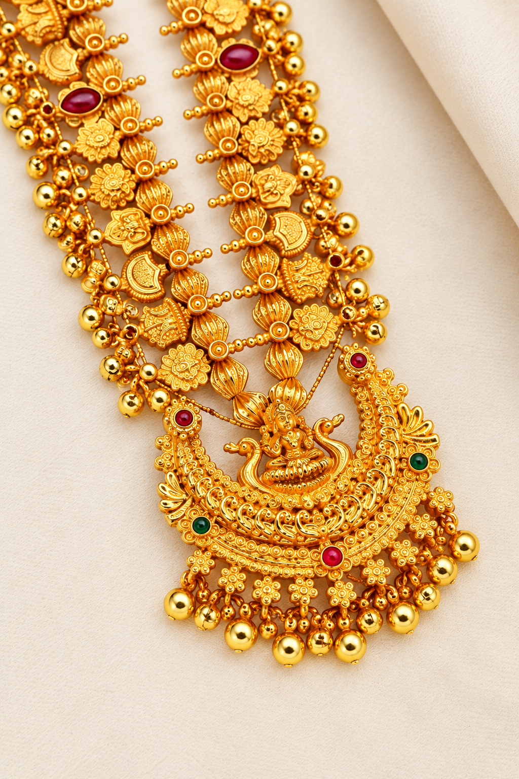 Laxmi Chandrakor Kolhapuri Saaj gold plated necklace with crescent pendant, floral motifs, red and green accents and dangling beads