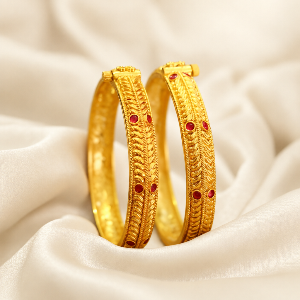 Graceful Leaf gold plated kada bangle set for women with handcrafted leaf motifs – Maharashtrian kada by Jija Jewellery