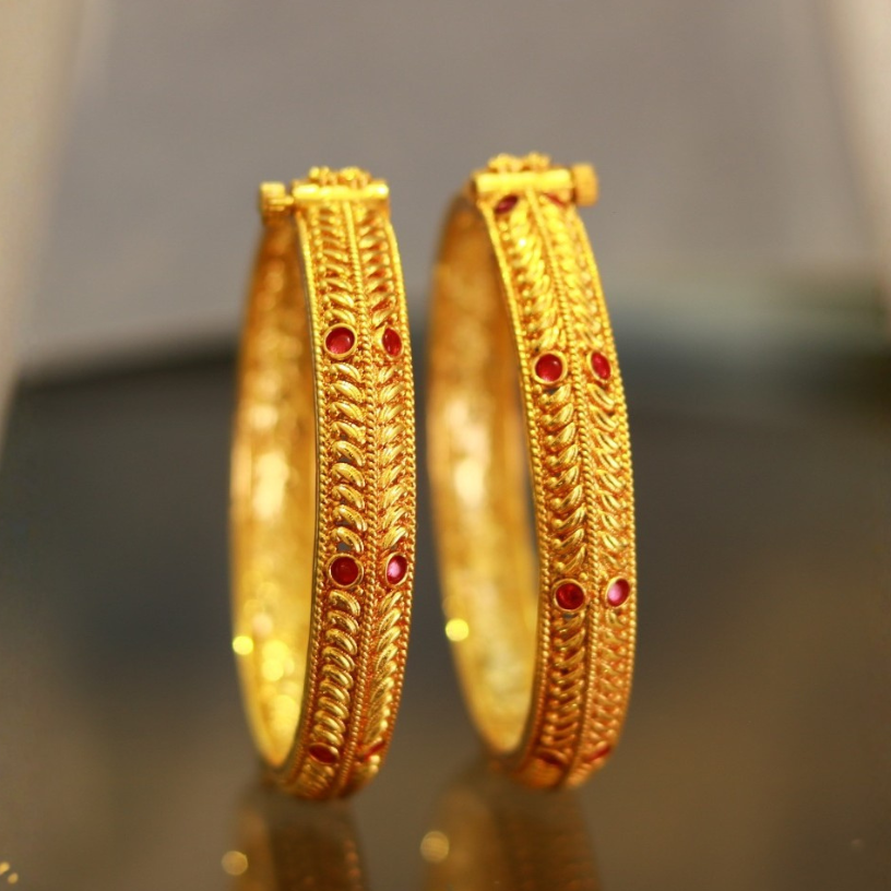 Maharashtrian leaf kada set of 2 in sizes 2/4 and 2/6 – gold plated openable bangles for women