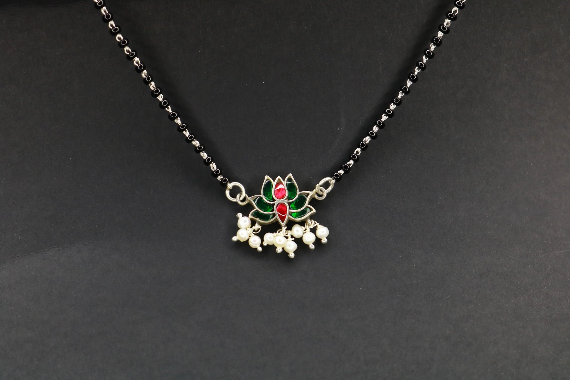 Lotus Mangalsutra Close-up – Kundan & Precious Stones on 925 Silver Chain | Handcrafted in Satara | Jija Jewellery