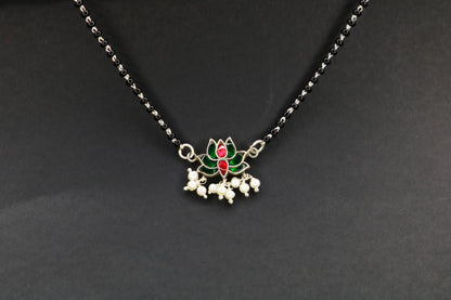 Lotus Mangalsutra Close-up – Kundan & Precious Stones on 925 Silver Chain | Handcrafted in Satara | Jija Jewellery
