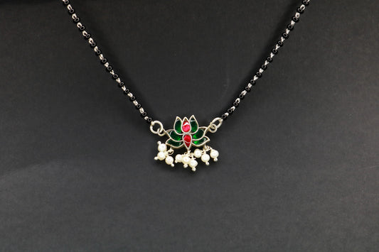 Lotus Mangalsutra Close-up – Kundan & Precious Stones on 925 Silver Chain | Handcrafted in Satara | Jija Jewellery