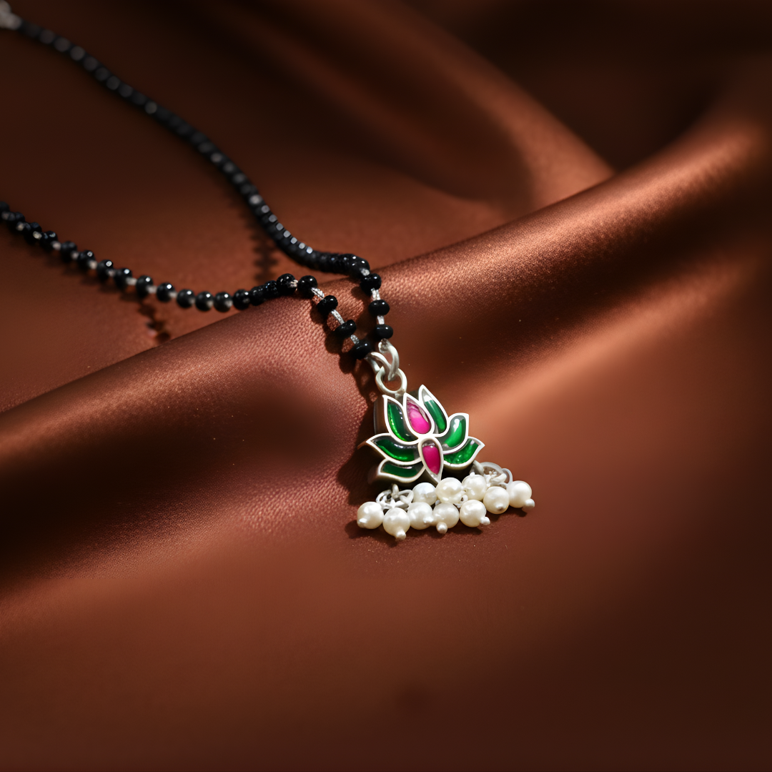 Lotus Silver Mangalsutra – 92.5 Sterling Silver with Kundan Studded Lotus Pendant | Anti-Tarnish Gold Plated | Jija Jewellery