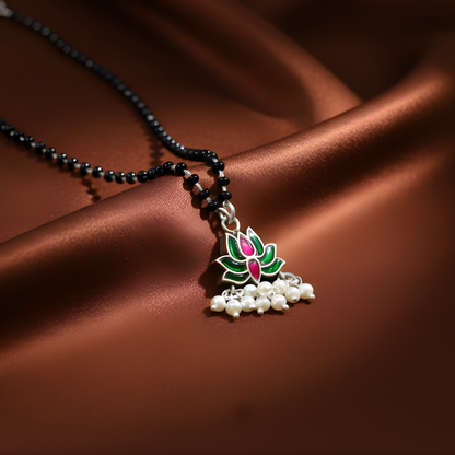 Lotus Silver Mangalsutra – 92.5 Sterling Silver with Kundan Studded Lotus Pendant | Anti-Tarnish Gold Plated | Jija Jewellery