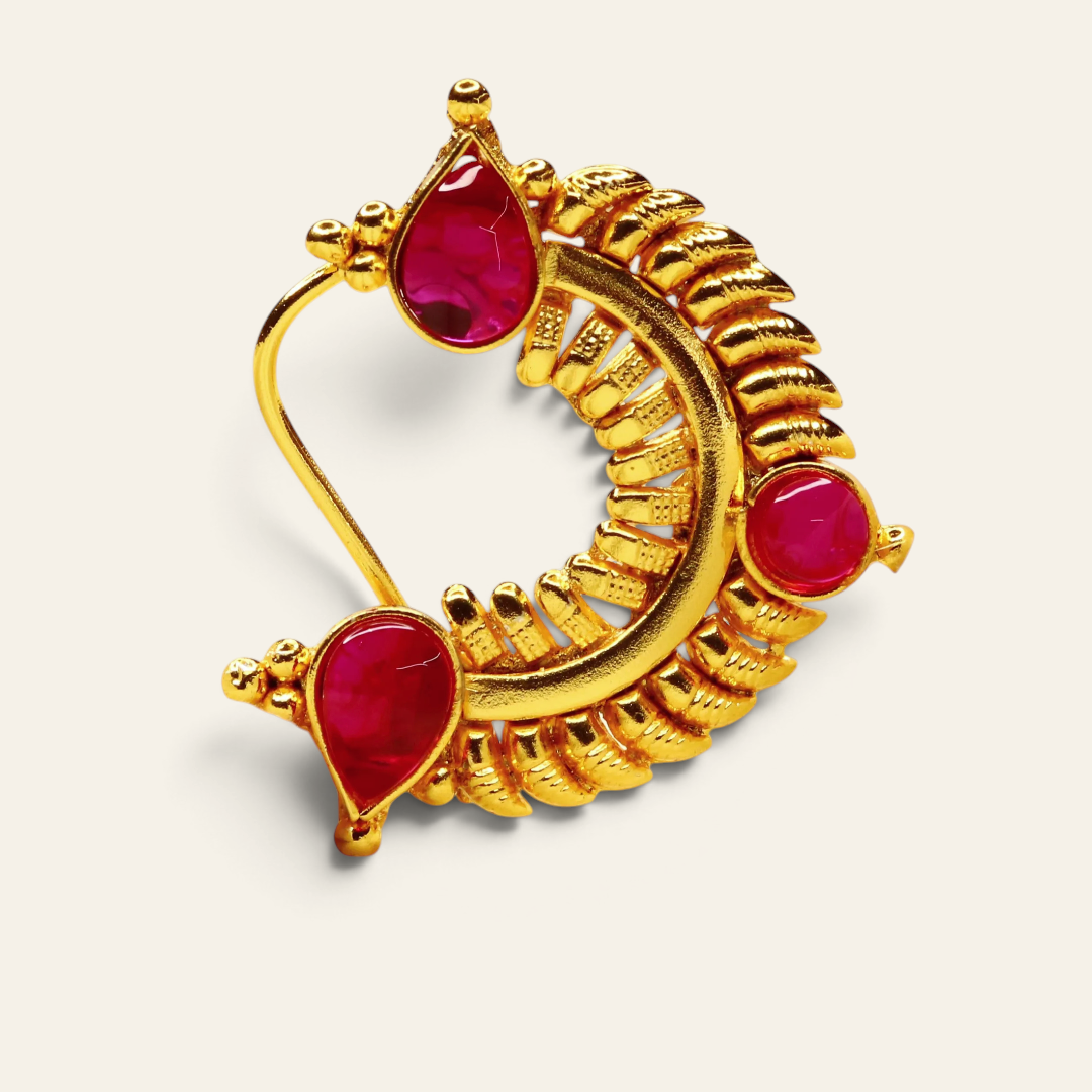 Side view of gold-plated Peshwai-style nath, handcrafted 925 silver
