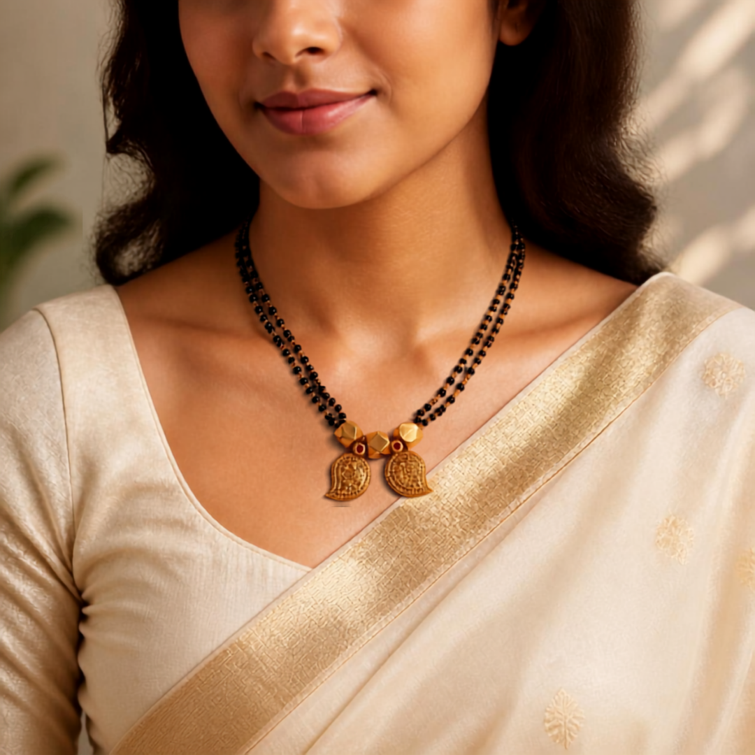 Paisley mango gold-plated mangalsutra displayed on carved wooden jewellery box showing dual engraved mango drop pendants with ruby accents