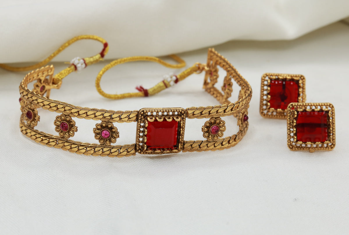 Square Red Stone Stud Earrings from Manik Choker Set – Antique Gold Plated Maharashtrian Bridal Jewellery | Jija Jewellery