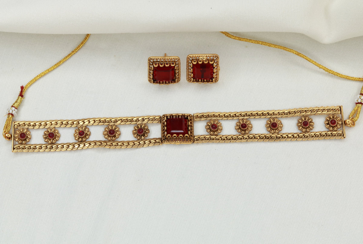 Traditional Maharashtrian Manik Choker Necklace – Antique Gold Red Stone with Adjustable Cord Tie-Up | Jija Jewellery