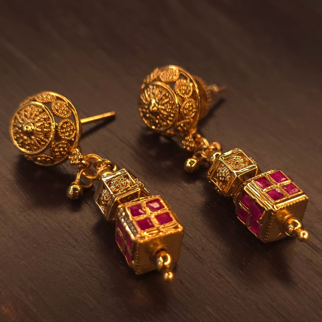 Meenakari square drop earrings with ruby enamel and gold dome tops