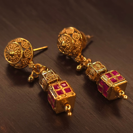 Meenakari square drop earrings with ruby enamel and gold dome tops