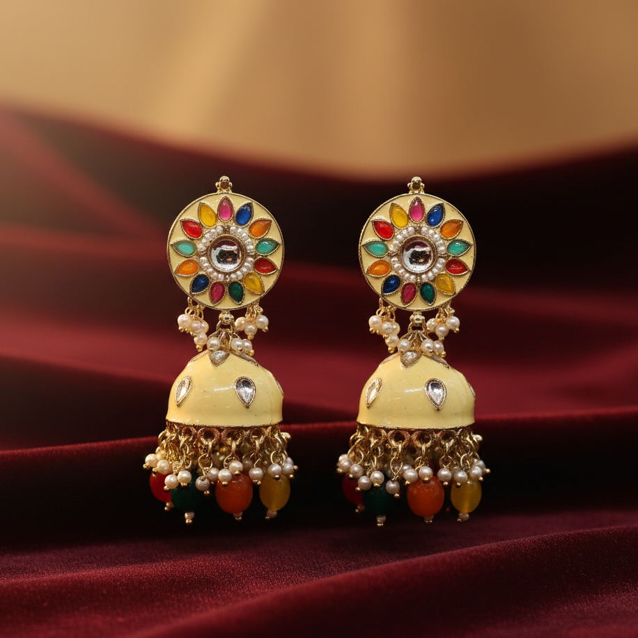Pair of multi colour meena work zumka earrings on maroon velvet