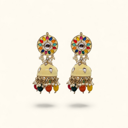 Gold plated multi colour zumka earrings with cream enamel dome and stone drops on white background
