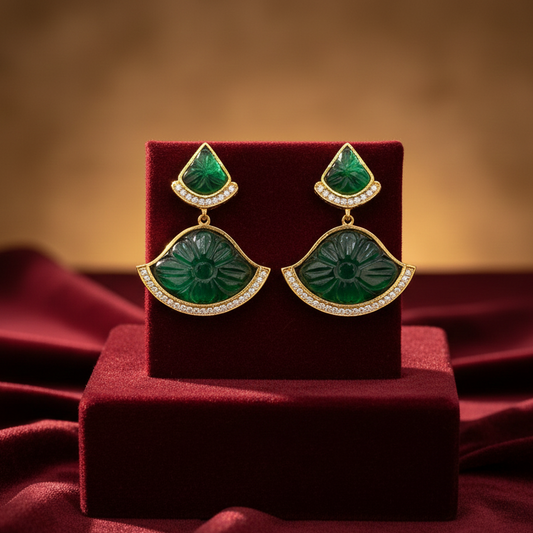 Mystic Jade Drop Earrings – Gold Plated Brass with Jade-Green CZ Stones | Ethnic Festive Jewellery | Jija Jewellery