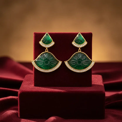 Mystic Jade Drop Earrings – Gold Plated Brass with Jade-Green CZ Stones | Ethnic Festive Jewellery | Jija Jewellery