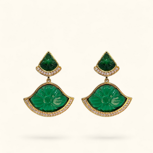 Mystic Jade Drop Earrings Side View – 22K Gold Plated Dangle Earrings with Green CZ | Jija Jewellery