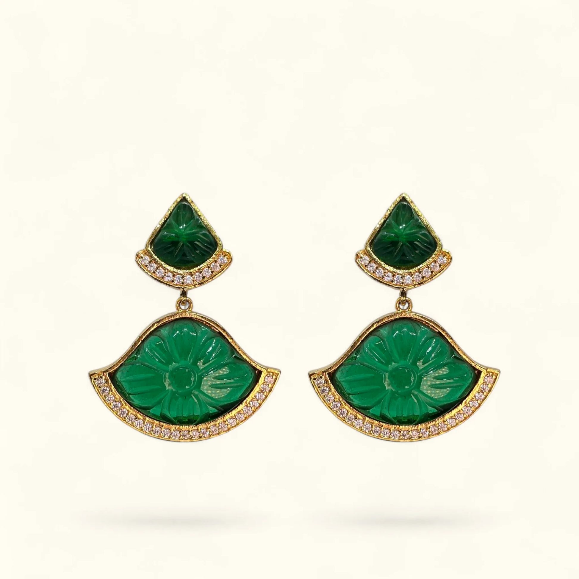 Mystic Jade Drop Earrings Side View – 22K Gold Plated Dangle Earrings with Green CZ | Jija Jewellery