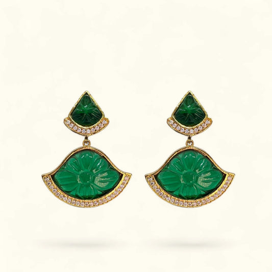 Mystic Jade Drop Earrings Side View – 22K Gold Plated Dangle Earrings with Green CZ | Jija Jewellery