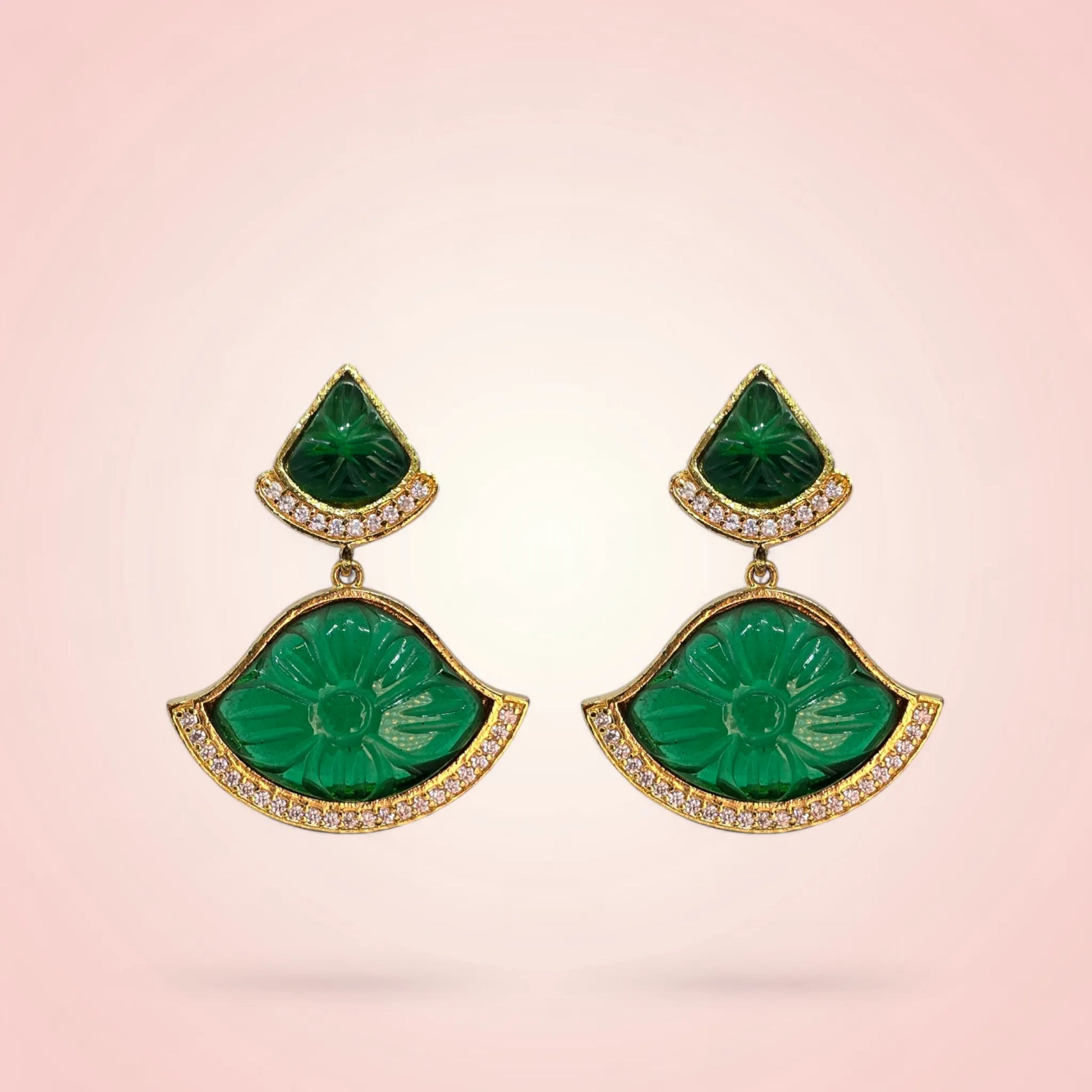 Mystic Jade Drop Earrings Worn – Jade Green CZ Stone Ethnic Earrings Handcrafted in Satara | Jija Jewellery