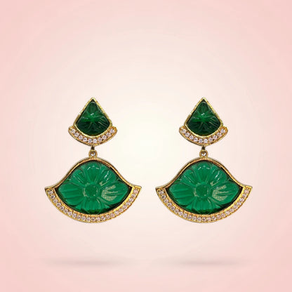 Mystic Jade Drop Earrings Worn – Jade Green CZ Stone Ethnic Earrings Handcrafted in Satara | Jija Jewellery