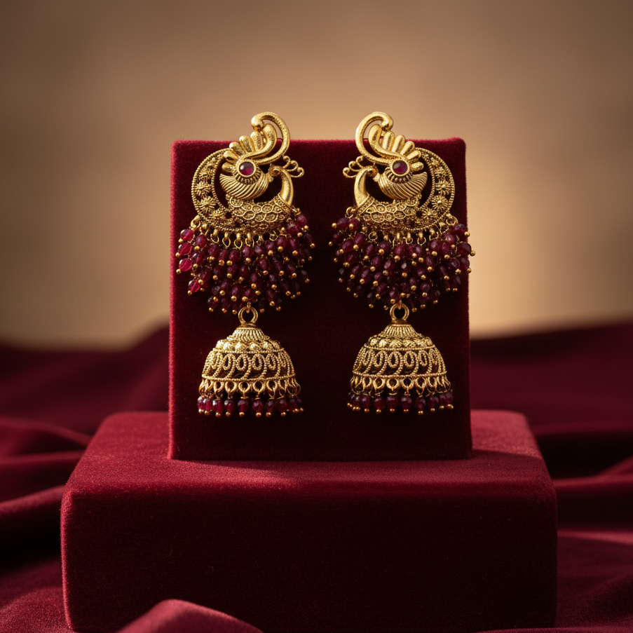 Peacock red crystal zumka earrings on maroon velvet stand – gold plated – Jija Jewellery