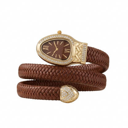 Serpenti-Style Leather Wrap Watch in Mahogany Brown