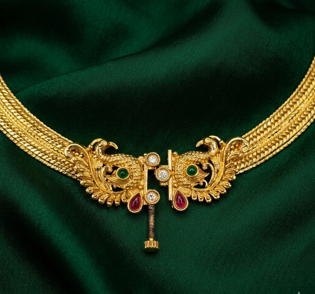 Handcrafted Gold Plated Peacock Necklace Set – Close Up Detail | Jija Jewellery Satara
