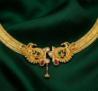 Handcrafted Gold Plated Peacock Necklace Set – Close Up Detail | Jija Jewellery Satara
