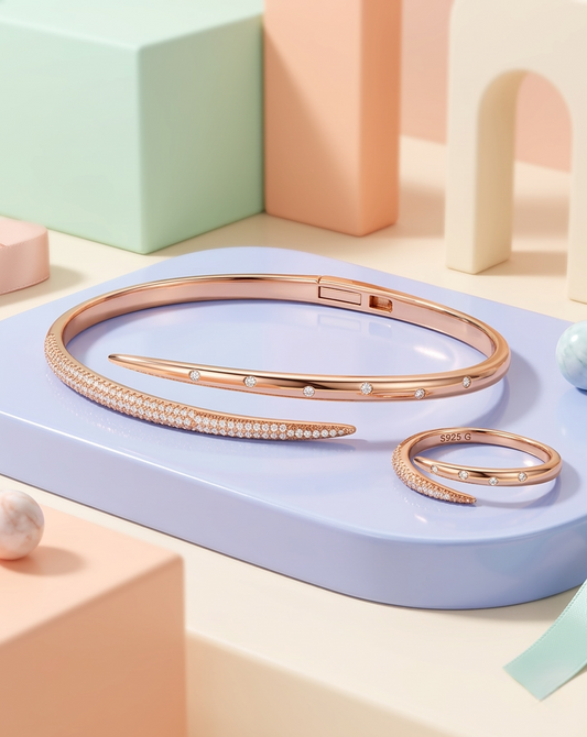 Rose Gold Plated 925 Silver Bracelet & Ring Set – CZ Stone Studded Elegance