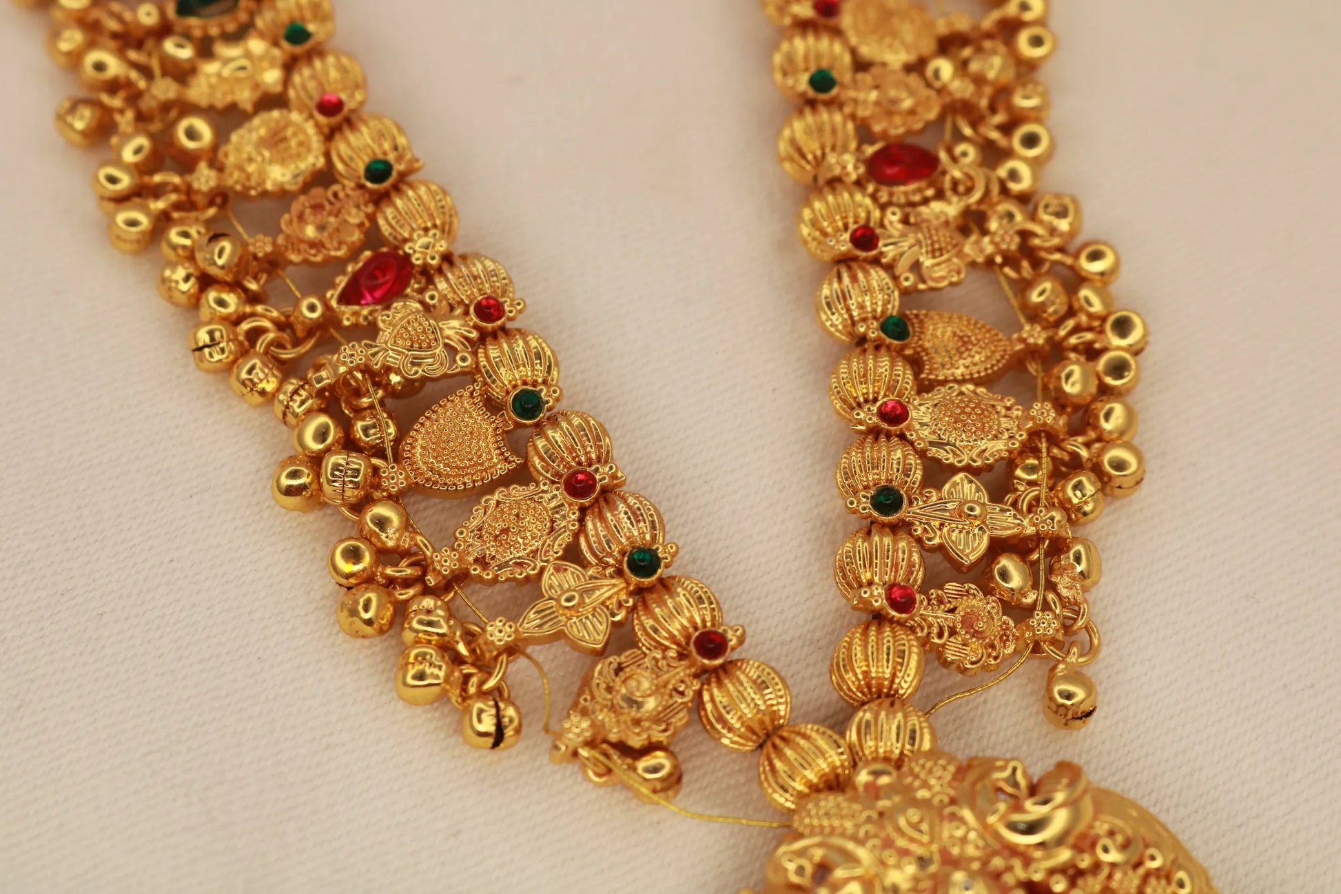 Gold plated Kolhapuri Saaj necklace with intricate Maharashtrian design.