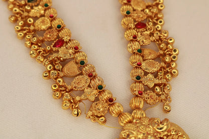 Gold plated Kolhapuri Saaj necklace with intricate Maharashtrian design.