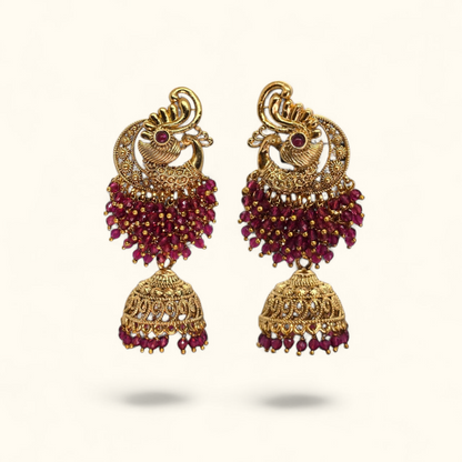 Peacock Red Crystal Crafted Zumka – Gold Plated | Ethnic Festive & Wedding Jhumki Earrings for Women