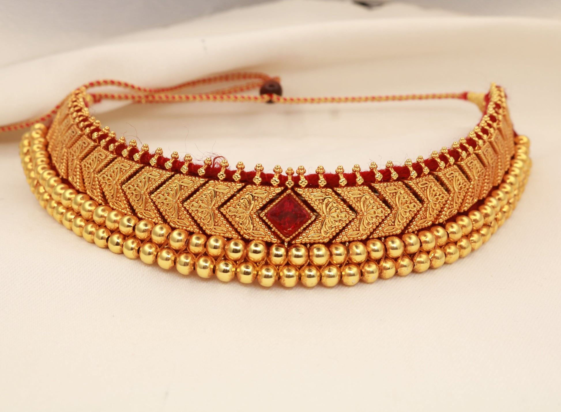 Gold Plated Thushi Necklace – Maharashtrian Bridal Choker with Ruby Stone | Jija Jewellery