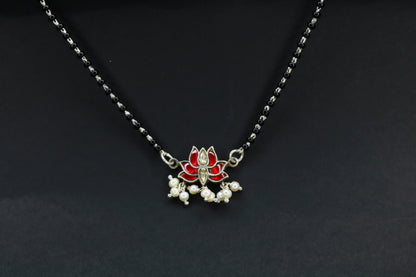 Handcrafted silver lotus Kundan mangalsutra worn — lifestyle shot by Jija Jewels
