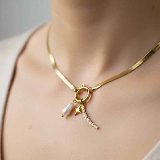 Star & Pearl Charms Pendant Chain Necklace | Gold Plated Anti-Tarnish